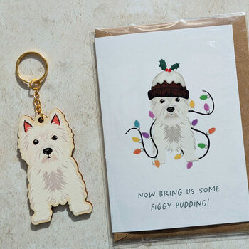 West Highland Terrier Dog Wooden Keyring With Optional Christmas Card, 3 of 11