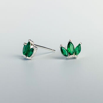 Sterling Silver Green Crystal Crown Stud Earrings, 2 of 4