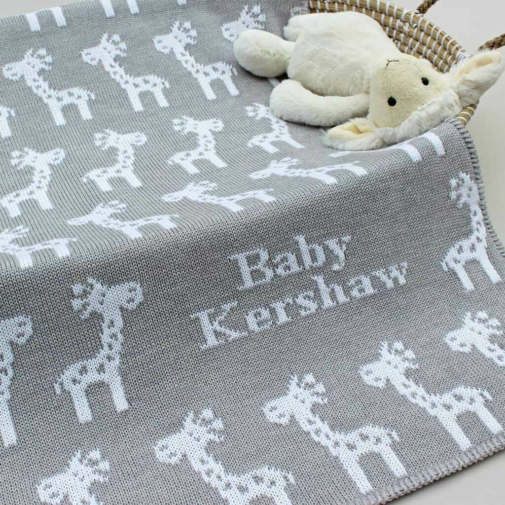 Personalised Knitted Giraffe Baby Blanket By Justine Louise