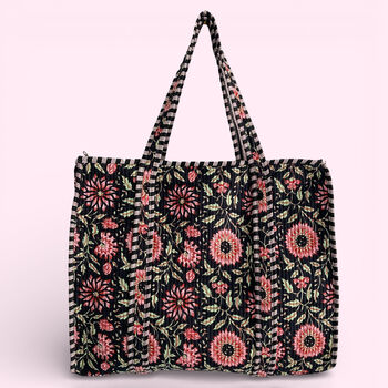 Black And Pink Flower Cotton Quilted Shoulder Bag With Zip, 2 of 8