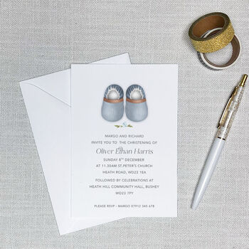 Christening Invitations Little Baby Blue Shoes Set Of 10, 2 of 2