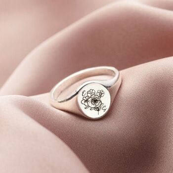 Engraved Birth Flower Initials Signet Ring, 4 of 12