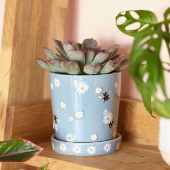 Small Blue Daisy Bee Ceramic Planter And Tray, 3 of 3