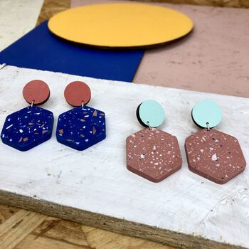 Jesmonite Terrazzo And Wood Hexagon Geometric Earrings, 2 of 12