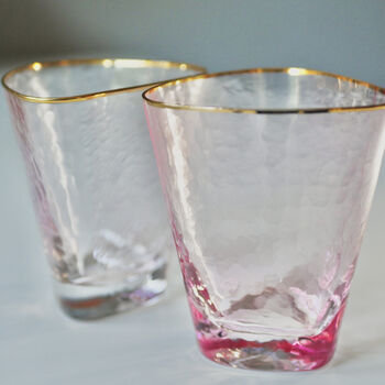 Pair Of Pink And Gold Rimmed Hammered Glasses, 3 of 11
