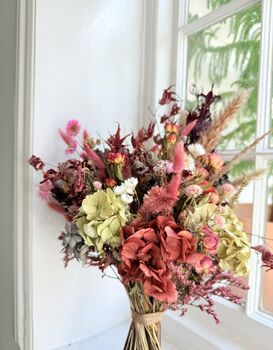 Dried Acer And Hydrangea Bouquet In Red Pink Tones, 6 of 6