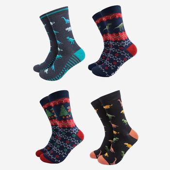 Dinosaur Bamboo Socks Christmas Gift Set Men's Four Pack, 2 of 3