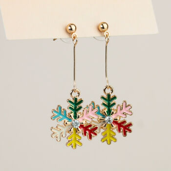 Christmas Gold Colourful Snowflake Dangle Stud Earrings, 2 of 3