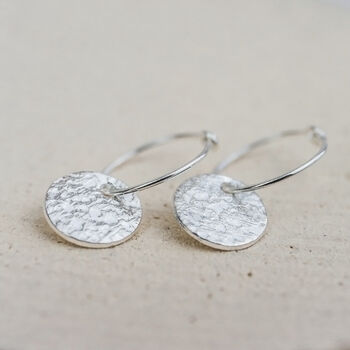 Sterling Silver Textured Circle Charm Hoops, 2 of 10