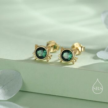Sterling Silver Emerald Green Cz Cat Stud Earrings, 2 of 12