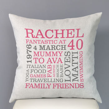 Personalised 40th Birthday Word Art Cushion, 6 of 9