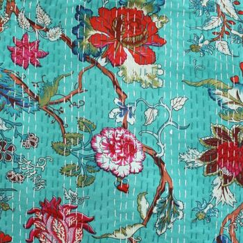 Teal Exotic Flower Print Kantha Throw, 5 of 5