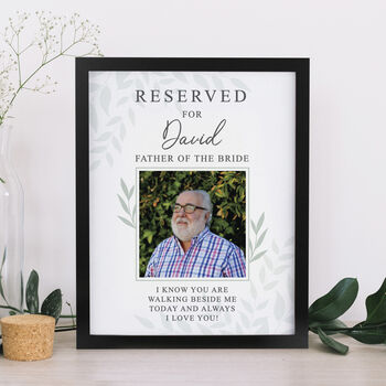 Personalised 'Reserved For' Memorial Photo Wedding Seat Sign Black Frame, 3 of 4