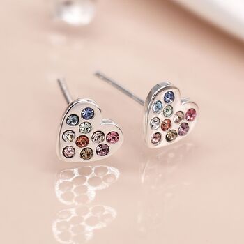 Sterling Silver Rainbow Heart Stud Earrings, 2 of 10