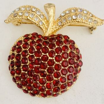 Vintage 1960s Gold Plated Red Crystal Apple Brooch, 4 of 8