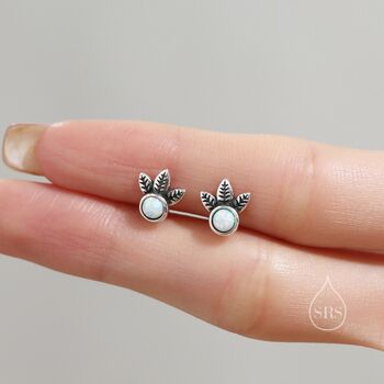 Sterling Silver Green Opal And Leaf Motif Stud Earrings, 5 of 10