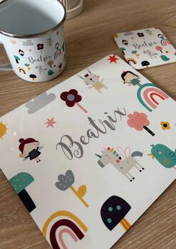 Kids Personalised Little Fairy Placemat, Coaster And Mug Dinner Set, 7 of 8