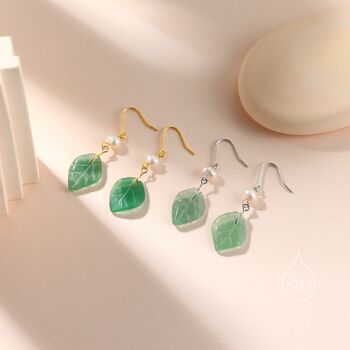 Sterling Silver Dangling Carved Jade Leaf Earrings With Natural Freshwater Pearls, 4 of 12