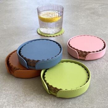 Six Recycled Leather Scalloped Coasters And Holder, 2 of 5