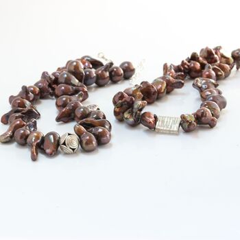 Dramatic Copper Brown Pearl Necklace With Focal Sterling Silver Bead, 6 of 12