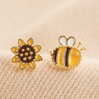 Mismatched Bee Sunflower Stud Earrings In Gold Plating, 4 of 6