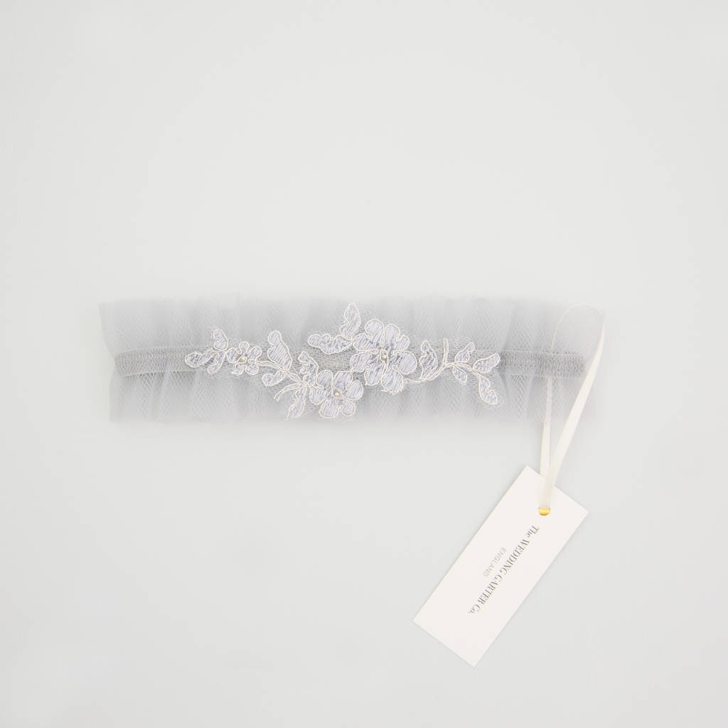 Soft Blue Tulle Wedding Garter With Delicate Lace, 1 of 9