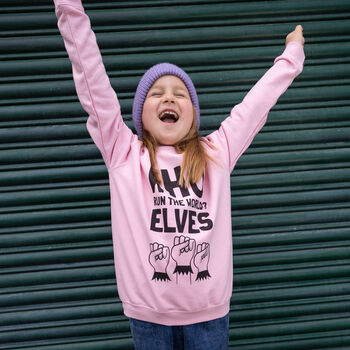 Who Run The World Elves Girls' Christmas Jumper In Pink, 4 of 4