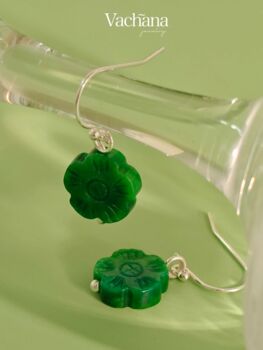 Green Botan Flower Jade Sterling Silver Dangle Earrings, 7 of 9