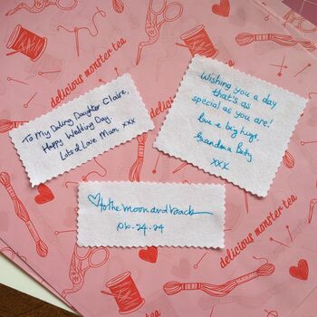 Hand Embroidered Handwritten Note Wedding Dress Label, 10 of 12