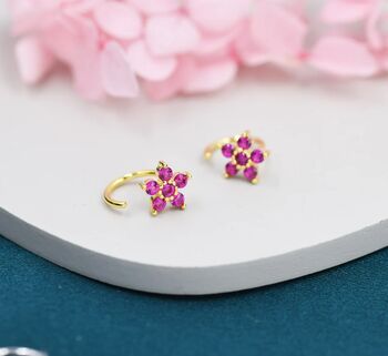 Pink Forget Me Not Flower Cz Hoop Earrings, 4 of 12