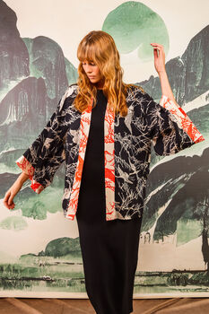 Japanese Crane Print Black And Ivory Short Kimono, 2 of 7