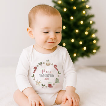 Personalised Baby's First Christmas Babygrow / Bodysuit Wreath, 2 of 7