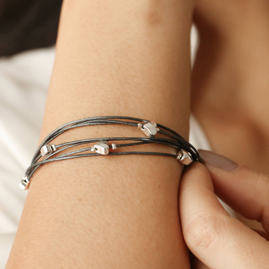 Grey Leather Layered Heart Bracelet In Silver Plating, 1 of 6