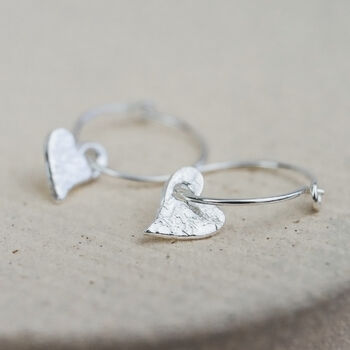 Sterling Silver Textured Tilted Heart Charm Hoops, 3 of 9