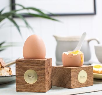 Personalised Oak And Brass Egg Cup, 2 of 3