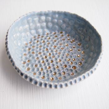 Handmade Ceramic Powder Blue Ring Dish With Gold Dots, 4 of 5