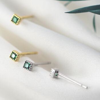 Sterling Silver Green Crystal Square Stud Earrings, 3 of 5