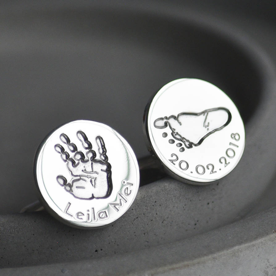 silver handprint and footprint disc cufflinks for dad by hold upon