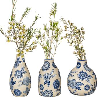 Set Of Three Blue Floral Pattern Vases, 2 of 3