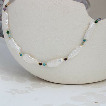 White Long Biwa Pearl And Colouful Gemstone Necklace, 4 of 11