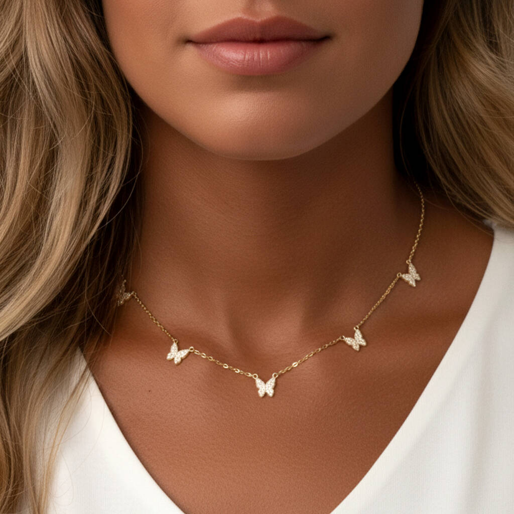 Dainty Choker With Five Butterfly Charms In 18k Gold, 1 of 4