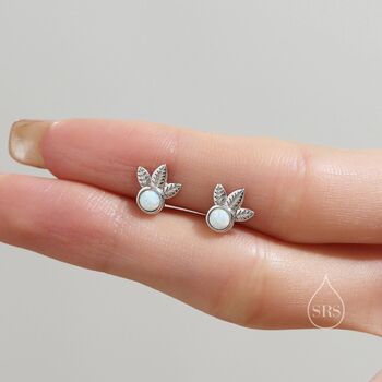 Sterling Silver White Opal And Leaf Motif Stud Earrings, 5 of 12