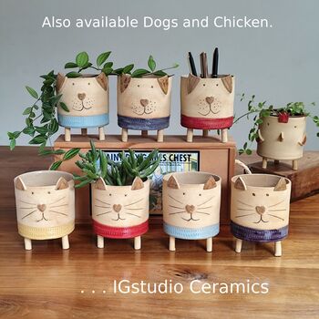 Cat Plant Pots Handmade Ceramic Tripot, 8 of 9