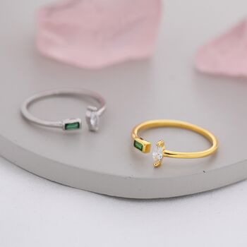 Sterling Silver Emerald Green Cz Marquise And Baguette Open Ring, 5 of 12