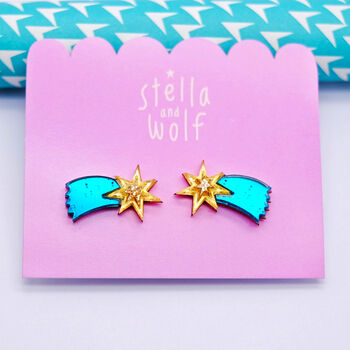 Teal And Gold Shooting Star Stud Earrings, 7 of 8