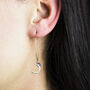 Hammered Crescent Moon And Blue Bead Long Hoop Earrings, thumbnail 2 of 6