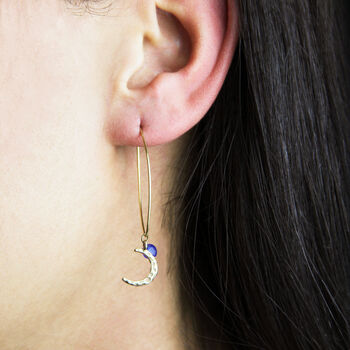 Hammered Crescent Moon And Blue Bead Long Hoop Earrings, 2 of 6