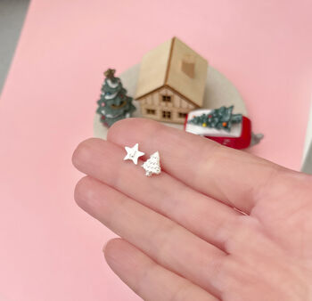 Personalised Sterling Silver Mismatched Christmas Tree Initial Star Earrings, 5 of 10