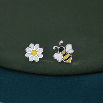Mismatched Enamel Bee And Flower Stud Earrings, 2 of 8