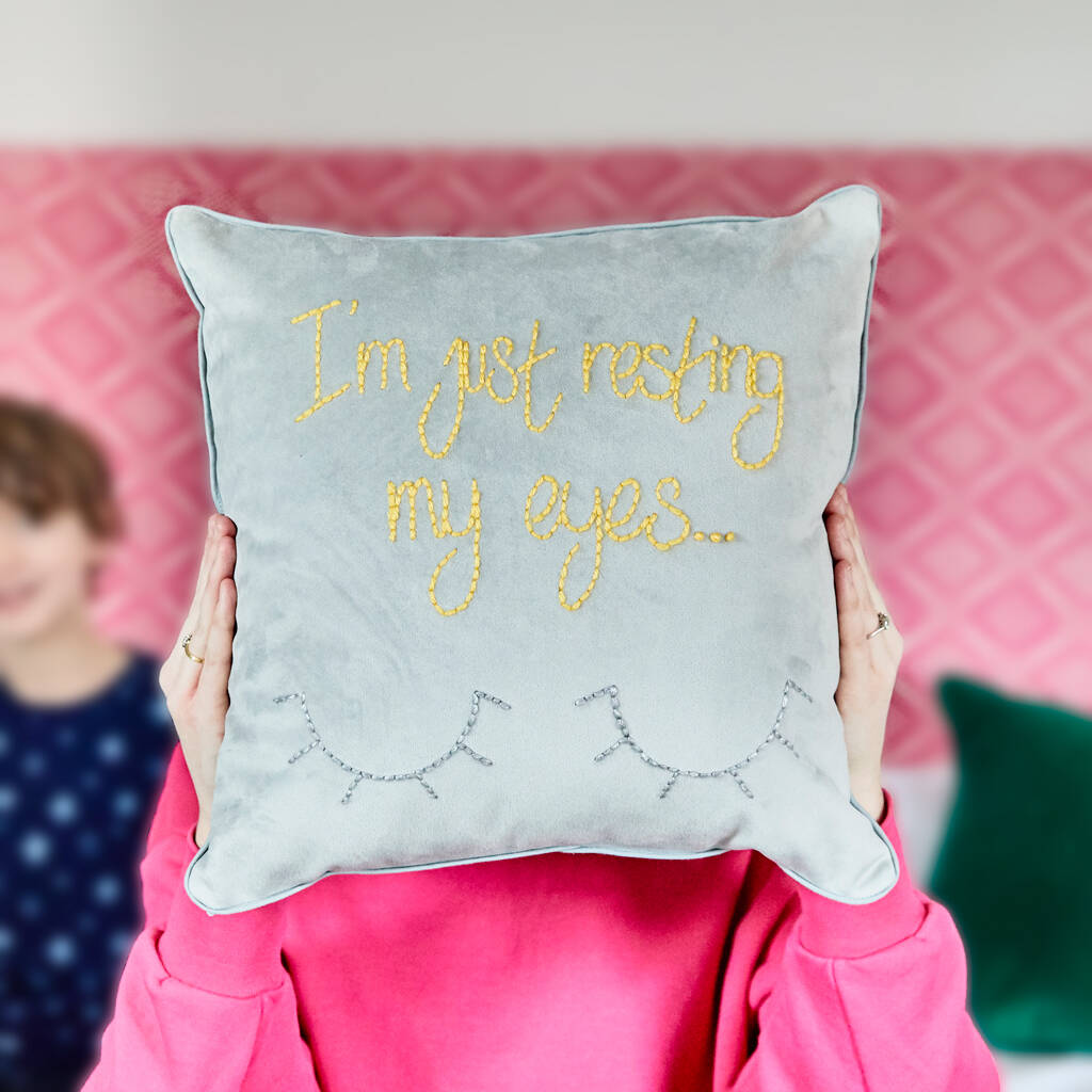 I'm Just Resting My Eyes Embroidered Velvet Cushion, 1 of 4